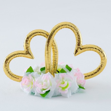 Hearts with flowers are pale pink. Fixed to the ribbons