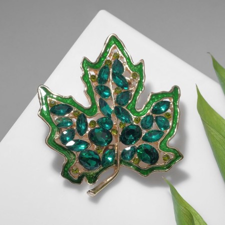 Brooch "Leaf" maple with rhinestones, green color in gold