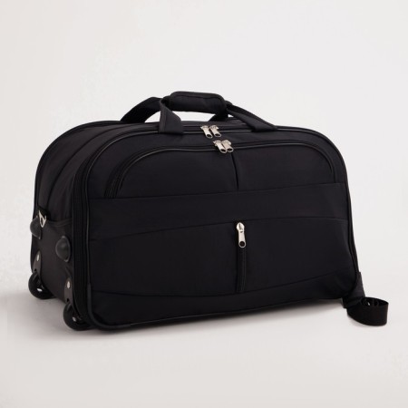 Road bag on wheels, 2 lightning departments, 2 outer pockets, long belt, black color