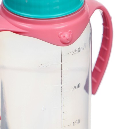 A bottle for feeding, classic throat, 250 ml., 0 months, cylinder, with handles, turquoise/pink color-3