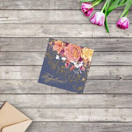 Postcard Mini "Congratulations", flowers on blue, 7 x 7 cm-1