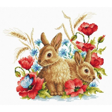 Canvas with a pattern for embroidery with a cross "hares in poppies"