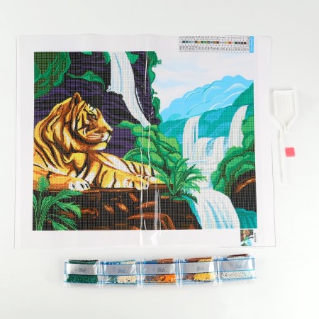 Diamond mosaic with partial filling on the canvas "Tiger at the waterfall", 40 x 50 cm-1