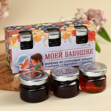 A set of jam with pine cones “my grandmother”, taste: ginger, lingonberry, cranberries, 90 g (30 g x 3 pcs.)