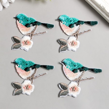 Decor for creativity Textile embroidery "Bird on a branch with a flower" 6.5x6.2 cm-1