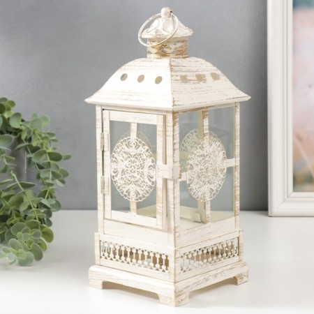 Climber Metal, glass "Lantern - Round Flower" White with a patina 12.5x12.5x30cm-1