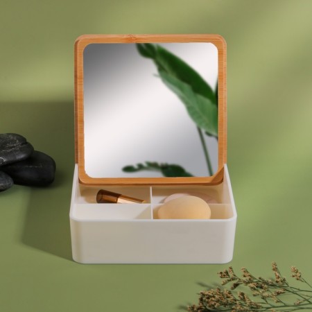 Boxing for storing cosmetic supplies, with a mirror, 4 sections, 15 × 15 × 5 cm, white/brown color-2