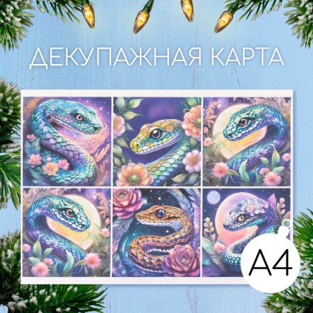 Декупажная карта "Змеи с цветами", плотность 45 г/м2, формат А4