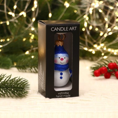 Christmas tree toy "Snowman in a hat" Hand painting, 8.4 cm, blue-white-1