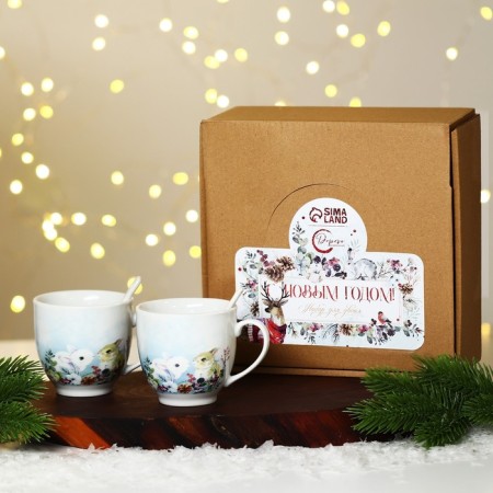 Happy New Year ceramics set, 180 ml mug, 2 pcs, spoon 2 pcs, white color-12