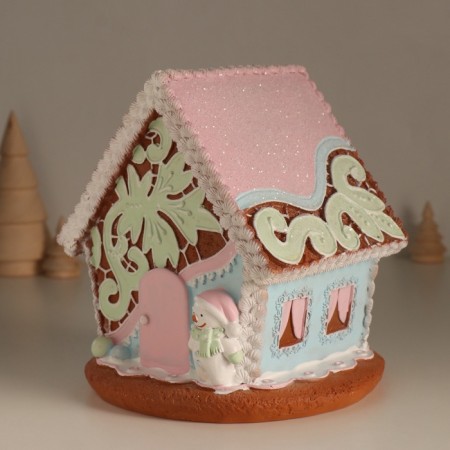 Souvenir Polystone Light "Gingerbread House with Patterns, with a snowman" 16.5x16x17 cm-3
