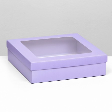The box is folding, lid is lilac, lilac, with a window 30 x 30 x 8 cm