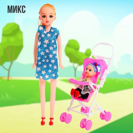 Mom and daughter doll with a stroller, mix-9