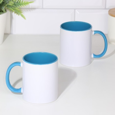 Ceramic sublimation mug with a logo, white color, volume 320 ml, blue bottom
