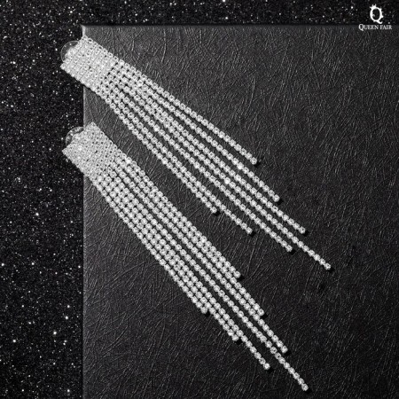 Hanging earrings with rhinestones "Waterfall" on a rectangle, white color in silver, 12cm-1