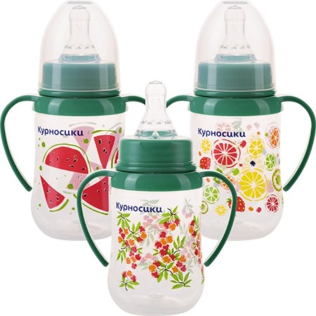 A bottle for feeding "Fruits", fitted, with handles and 2 silicone nipples, 125 ml, from 6 months.