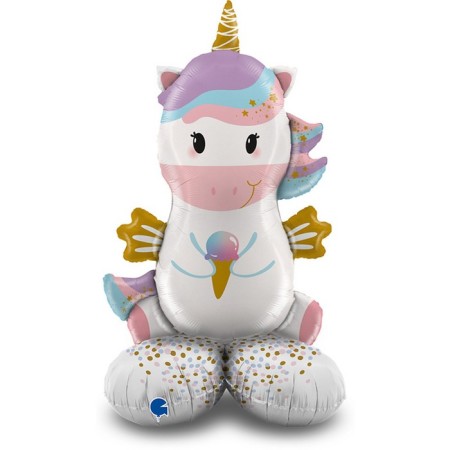 Foil ball 44 "Unicorn with ice cream", figure on a stand, under the air, ind. Packaging