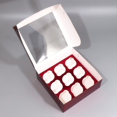 Capcake box, confectionery packaging with a window, 9 burgundy cells, 25 x 25 x 10 cm-2