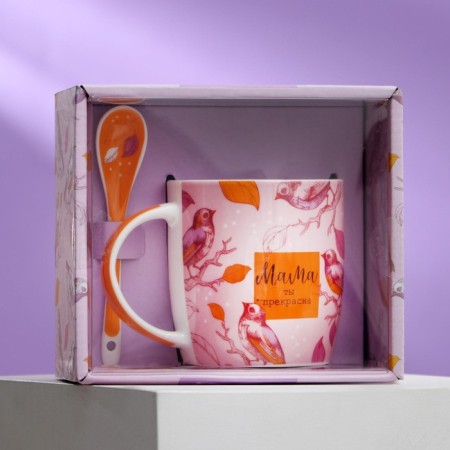 Ceramic set “Mom are beautiful”: a mug 350 ml, a spoon, color orange-5