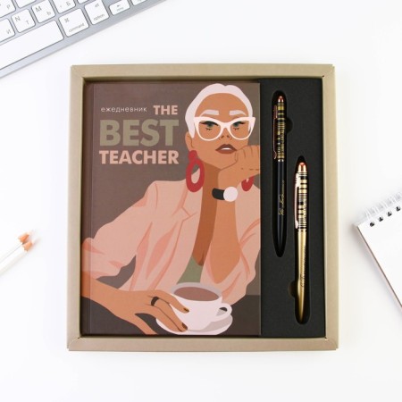Gift set of “The Best Teacher”: A5 diary, 80 sheets and 2 pcs of the handle (ball, 1 mm, blue, red paste)-1