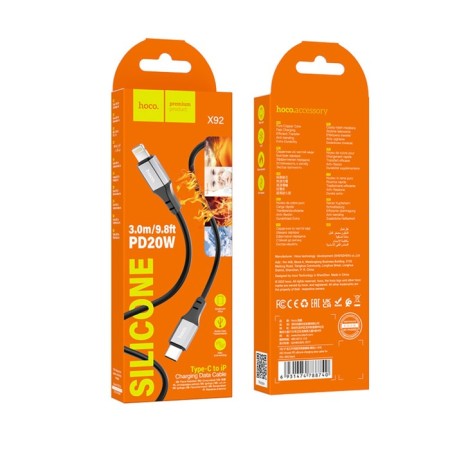 Hoco X92, Type -C cable - Lightning, 3 m, silicone braid, black-9