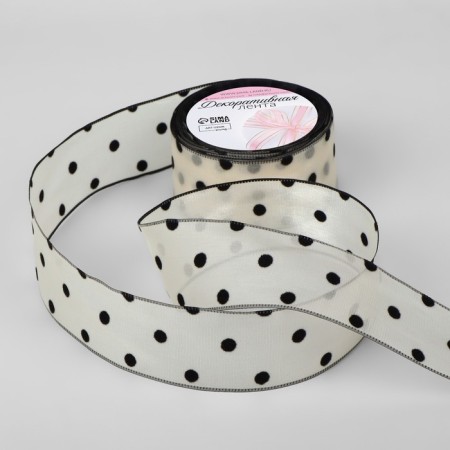 Kapron tape "Peas", with velvet embossing, 25 mm × 9.1 ± 0.5 m, beige color/black