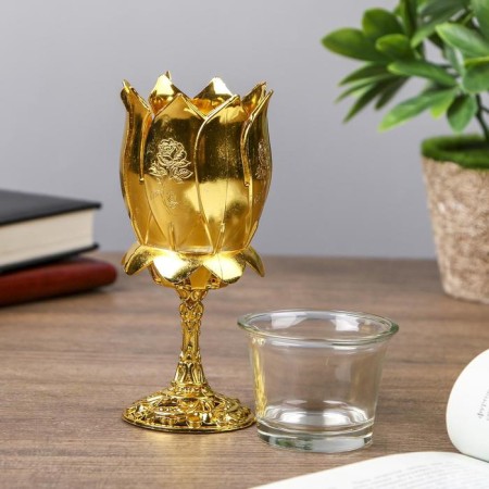 Climber Plastic, glass for 1 candle "rose" glass on the leg gold 13x6x6 cm-2