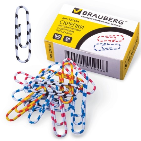 Office paper clips 28 mm, colored, 100 pieces, cardboard box