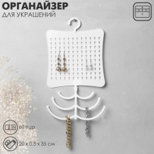 Organizer for jewelry with hook, 60 pairs, 6 hooks, plastic, white color