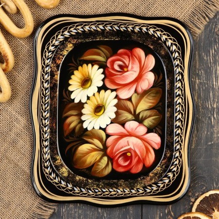 Zhostovsky tray "roses", black, with copyright painting, 24x20 cm