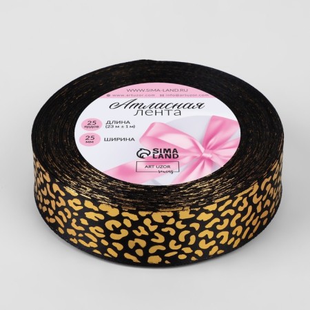 Satin tape with embossing "Leopard", 25 mm, 23 ± 1 m, black/gold color-1