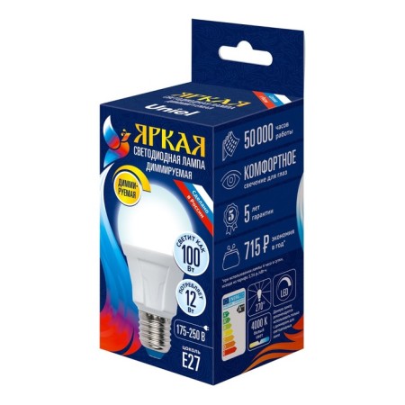LED LED Uniel, E27, 12 W, 4000K, white glow-1
