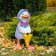 Garden figure "Duckling with an umbrella" purple, 39x31x60cm