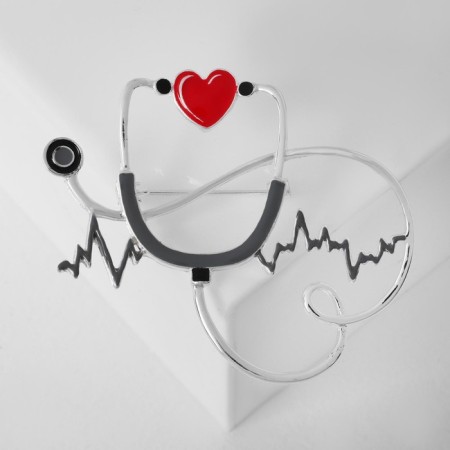 Brooch "Stetoscope" Cardiogram, red-gray color in silver-1
