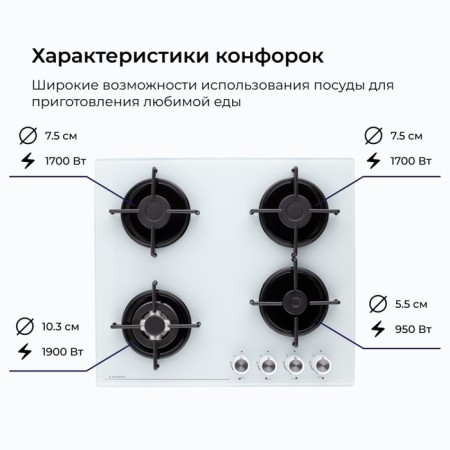 Hon surface Delvento V60N41C111, gas, 4 burners, white-2