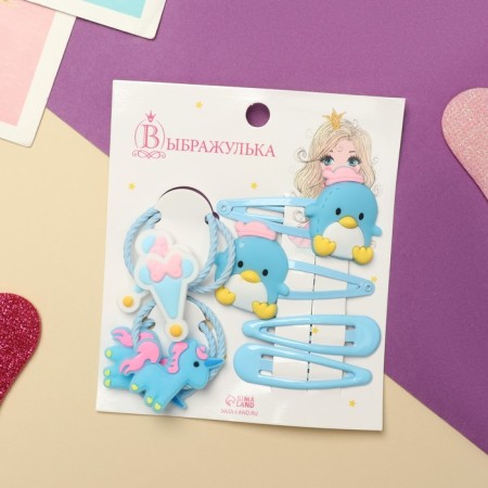 Hair set "vanilla" (4 elastic bands, 4 invisible) penguins, blue