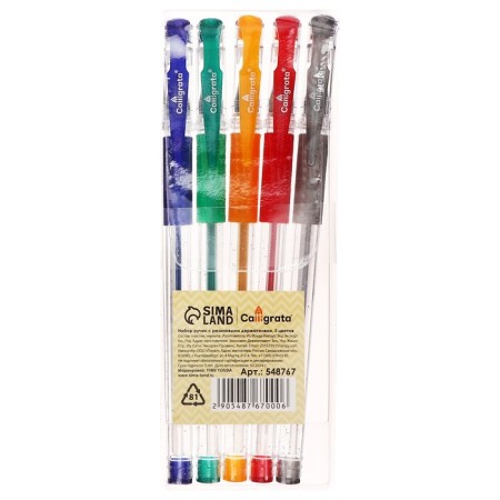 A set of gel pens, 5 colors, metallic, with rubber holders, mix-8