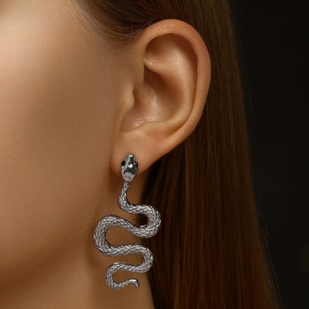 Earrings Metal "Snake" Fixed desire mini, black color in silver-3
