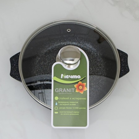 Frying "granite Star", 2.4 l, d = 26 cm, h = 7.5 cm, glass cover, anti -stick coating, black color black-4