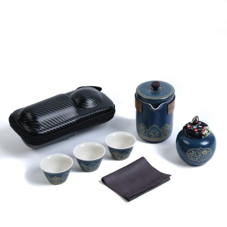 A set for a tea ceremony of 6 items per 3 people: a cup 50 ml, a kettle 280 ml, blue