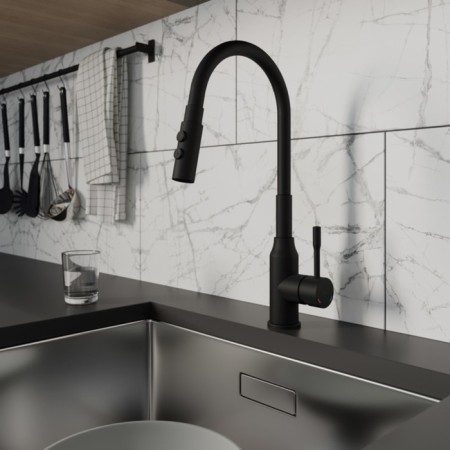 MILARDO MEAL M01BL2FM05 kitchen mixer, pouring 200 mm, flexible surge and shower nozzle, black mA-1