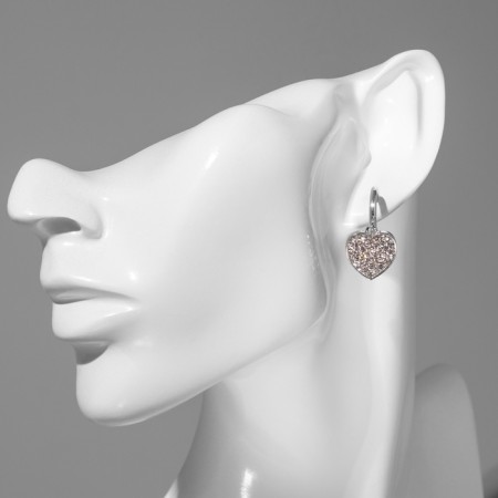 Hanging earrings with rhinestones "Bear" with heart, white color in silver-4