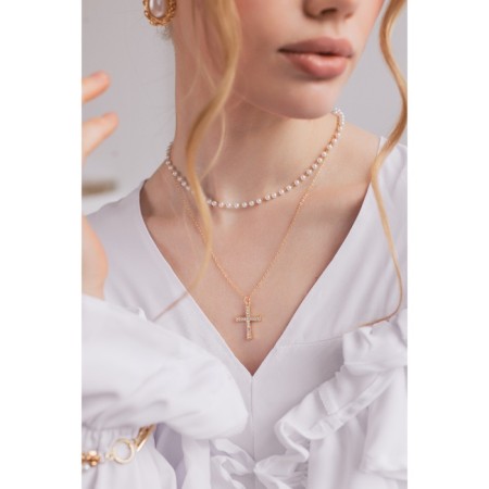 Piece "Chain" thread of pearls, a smooth cross, white color in gold, 35 cm-5