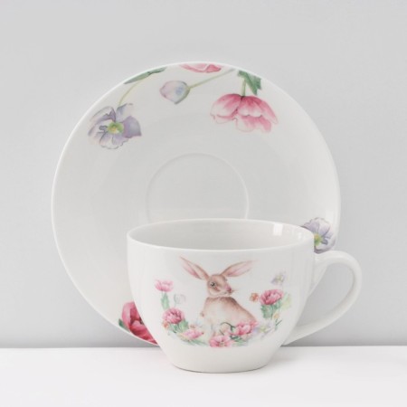 Service porcelain tea shade "Bunny", 12 objects: 6 cups 250 ml, 6 saucer d = 15 cm, white color-3