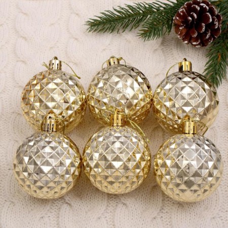 Set of balls plastic D-6 cm, 6 pcs "Volumetric mesh" gold