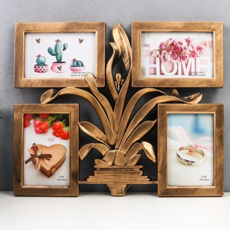 Photo frame plastic in 4 photos 10x15 cm "Blooming Pandanus" gold 40x33.5 cm
