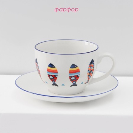 Service Porcelain Tea Daulay "Emelya", 12 objects: 6 cups 280 ml, 6 saucer d = 15 cm, white color-1