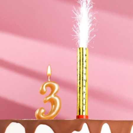 Candle for cake the number "3", "Oval + fountain" Golden