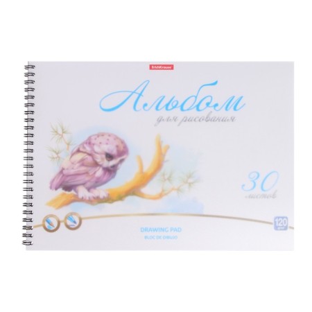 Album for drawing A4, 30 sheets, block 120 g/m², spirals, Erich Krause "Birds", plastic cover, 100% whiteness, solid substrate-1