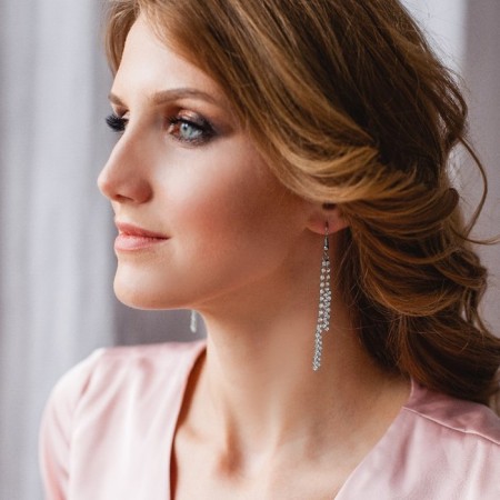 Hanging earrings with Princess rhinestones double, white color in silver, 9cm-1